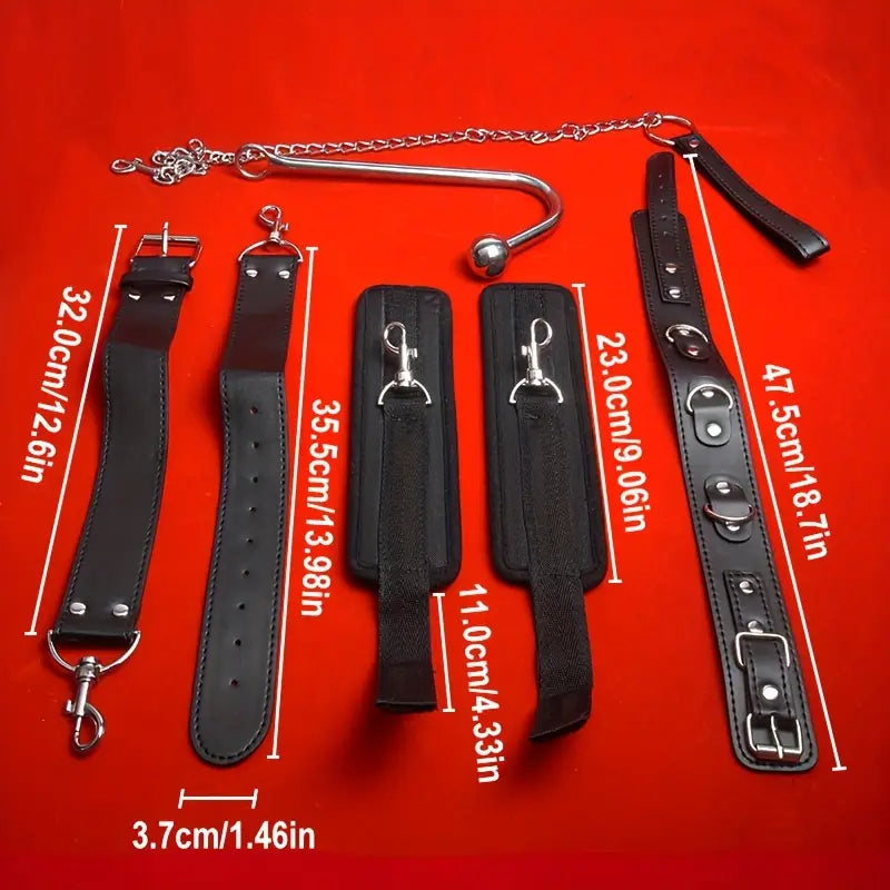 Leather Bondage Kit With Adjustable Collar Removable Handcuffs Anal Hook