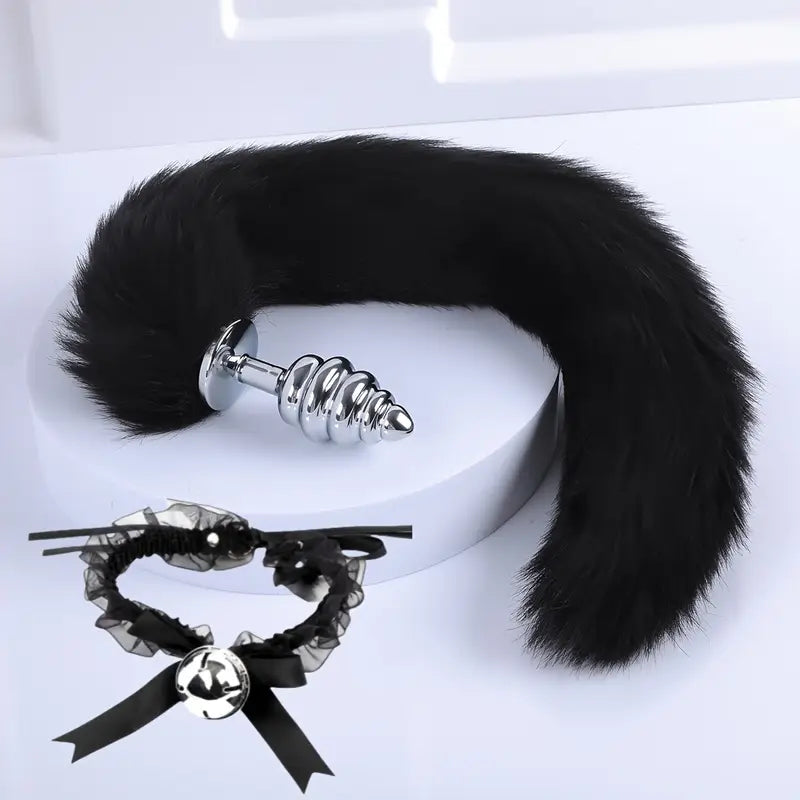 Set Dtachable Fox Tail Anal Plugs Cute Cat Women Dress-up Bell Necklace