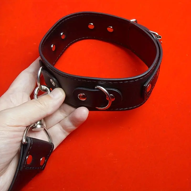 Leather Bondage Kit With Adjustable Collar Removable Handcuffs Anal Hook