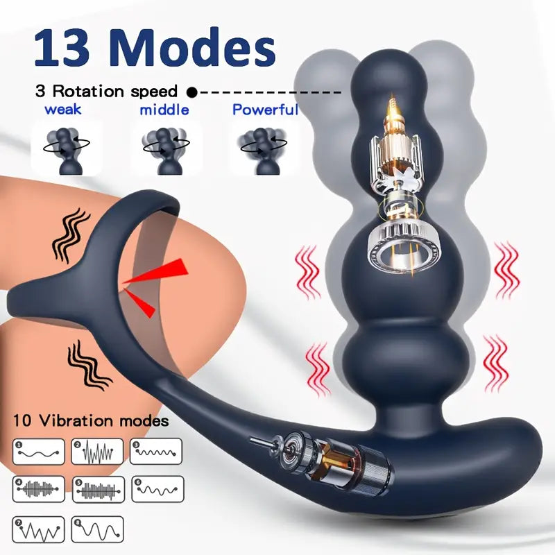 Double Motor Male Prostate Massager Vibrator 360° Rotate Ring Butt Plug
