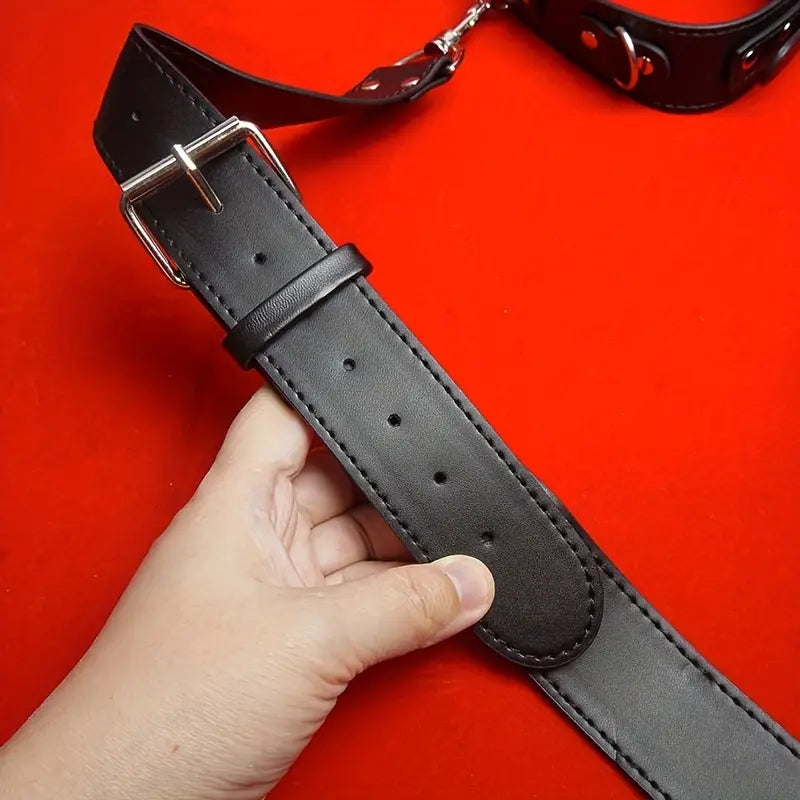 Leather Bondage Kit With Adjustable Collar Removable Handcuffs Anal Hook