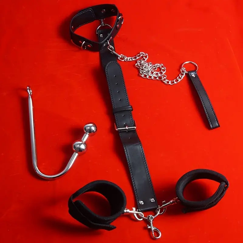 Leather Bondage Kit With Adjustable Collar Removable Handcuffs Anal Hook