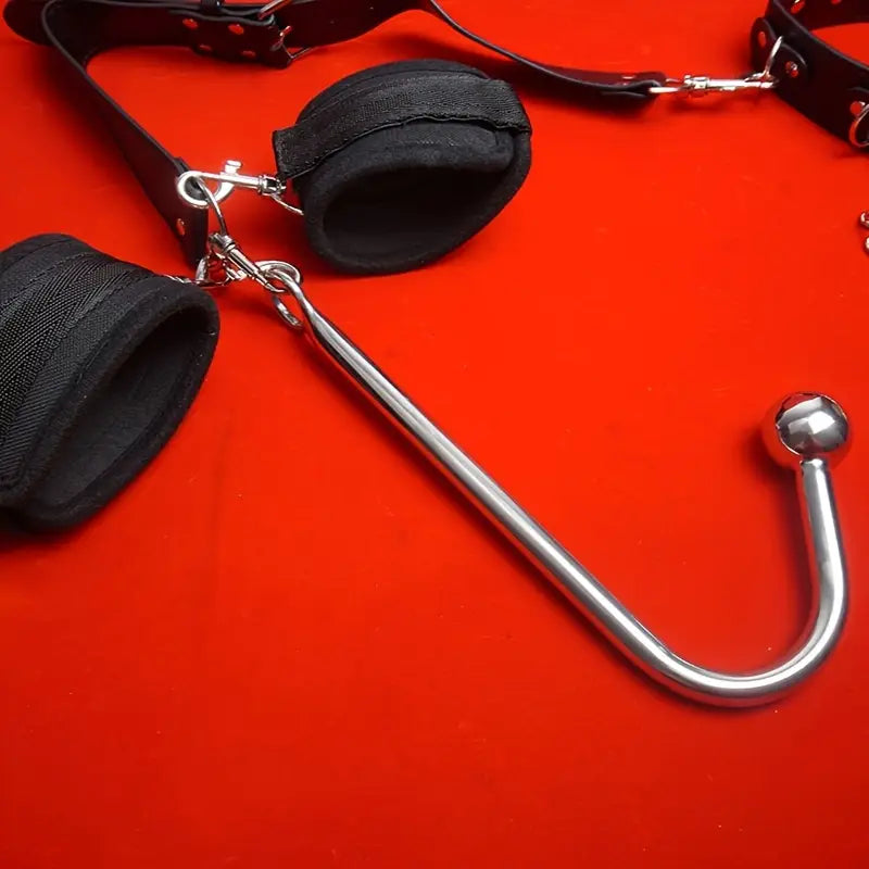 Leather Bondage Kit With Adjustable Collar Removable Handcuffs Anal Hook