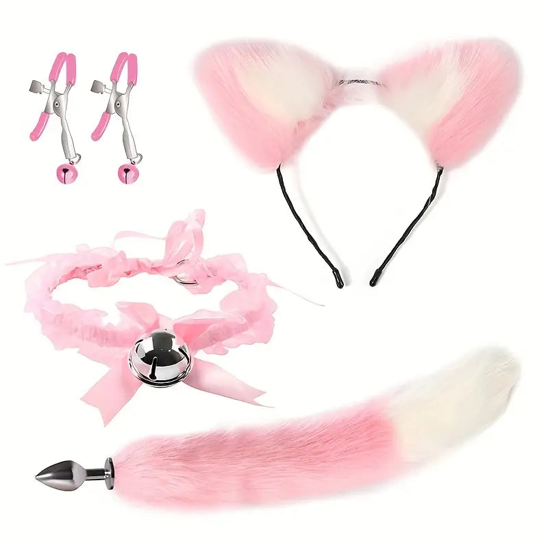 Cat Tail Anal Plug With Nipple Clamps Neck Collar BDSM Anal Sex Toy
