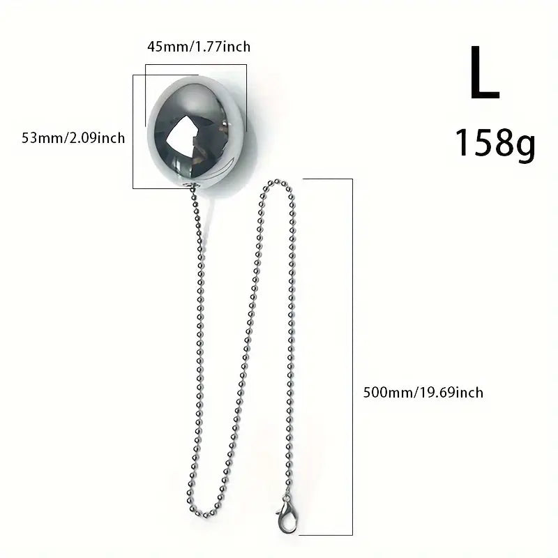 Metallic Stainless Steel Chain-Attached Elliptical Butt Plug For Outdoor Wear