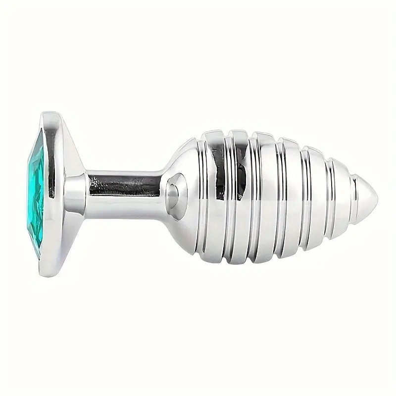 Stainless Steel Threaded Anal Plug with Teal Gemstone Base G-Spot Toy