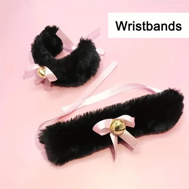 Fox Tail Butt Plug Handcuff Plush Cat Ear Headband With Bells Necklace Set