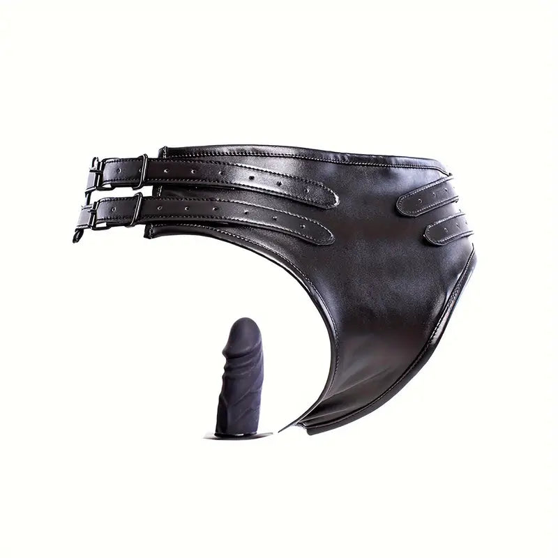 SM Restraint Thick Faux Leather Panties With Silicone Dildo Strap-On