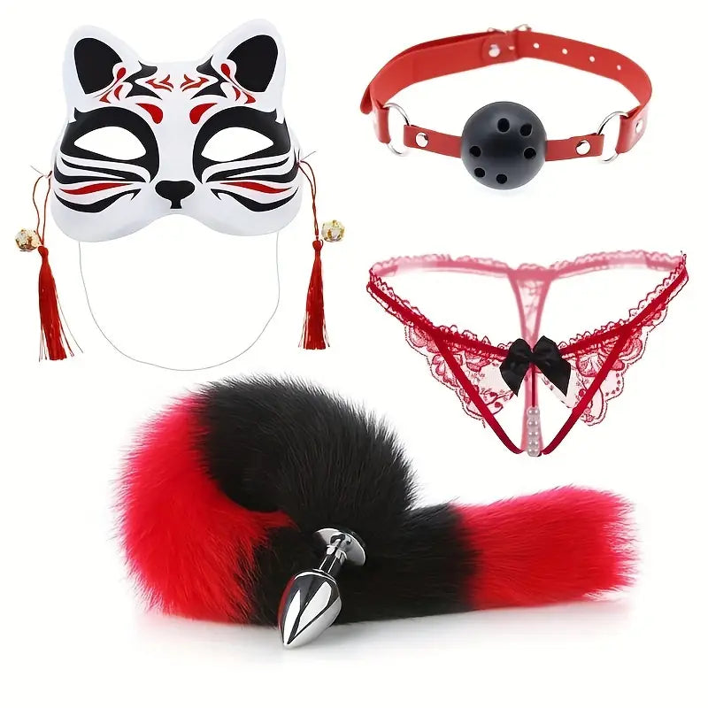Eye Mask Mouth Ball Panties Four-piece Red Black Fox Tail Anal Plug