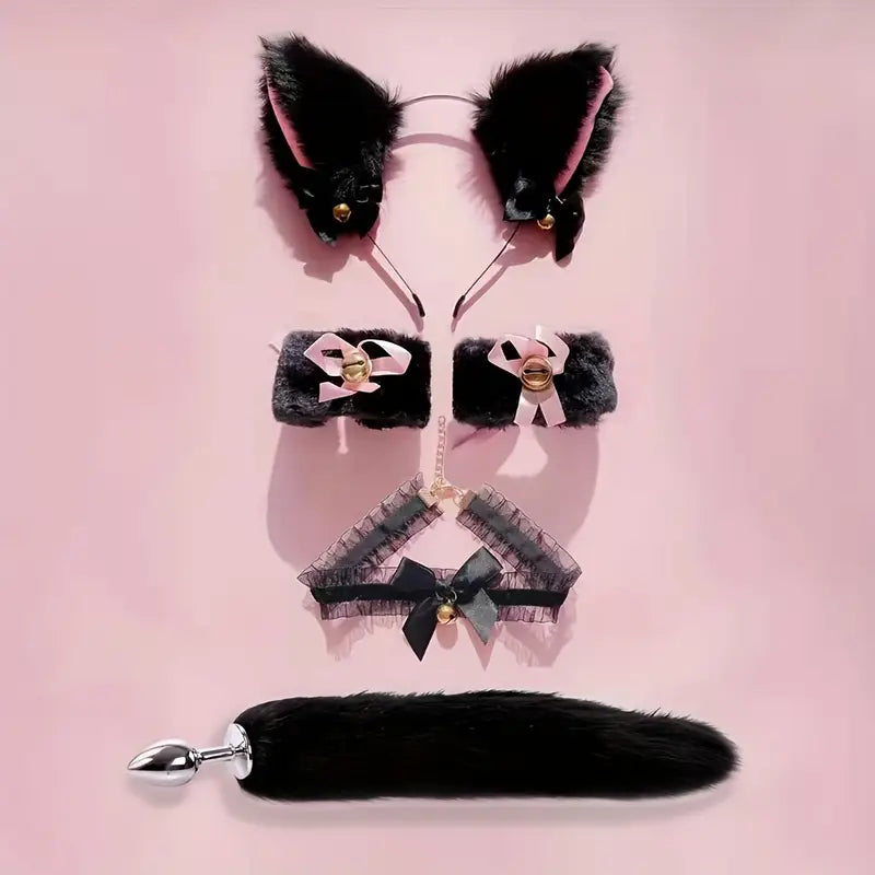 Fox Tail Butt Plug Handcuff Plush Cat Ear Headband With Bells Necklace