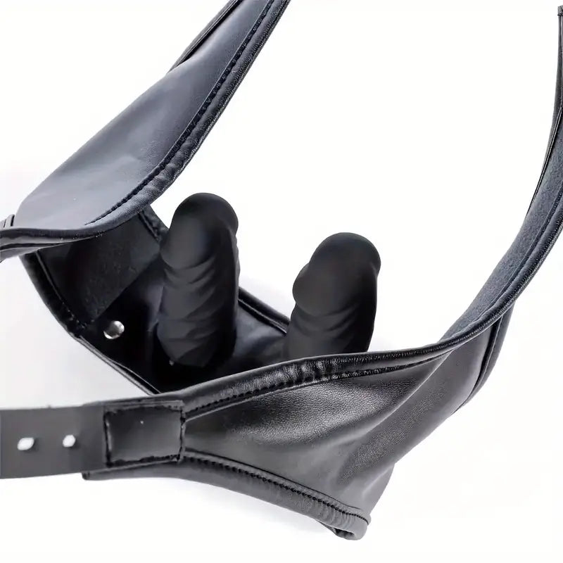 Premium Leather Harness Chastity Panties Set Silicone Double Dildos