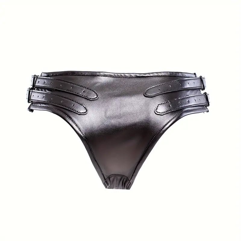SM Restraint Thick Faux Leather Panties With Silicone Dildo Strap-On