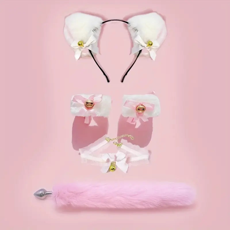 Fox Tail Butt Plug Handcuff Plush Cat Ear Headband With Bells Necklace Set