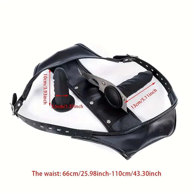 Premium Leather Harness Chastity Panties Set Silicone Double Dildos