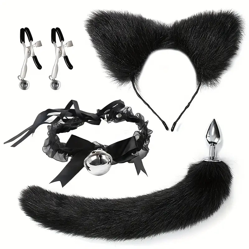 Cat Tail Anal Plug With Nipple Clamps Neck Collar BDSM Anal Sex Toy