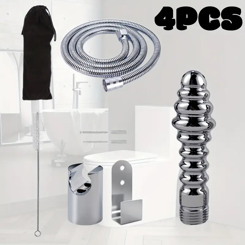 Female Shower Enema Tube Kit Aluminum Nozzle With Holder Cleaning Brush