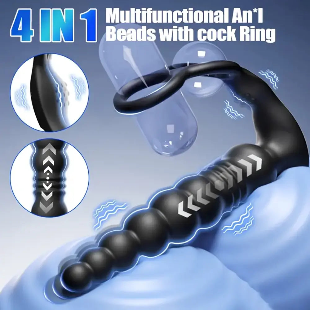 Vibrating Thrusting Anal Beads Butt Plug With Double Penis Rings