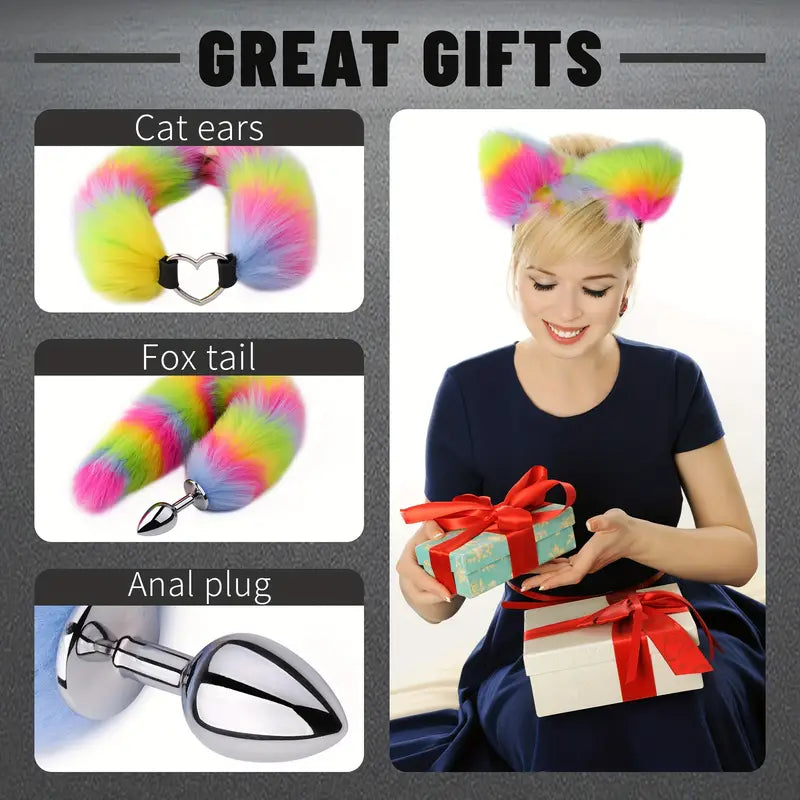 4pcs Butt Plug Anal Plug Set Fox Tail Anal Plug Cat Ears Headband Collar