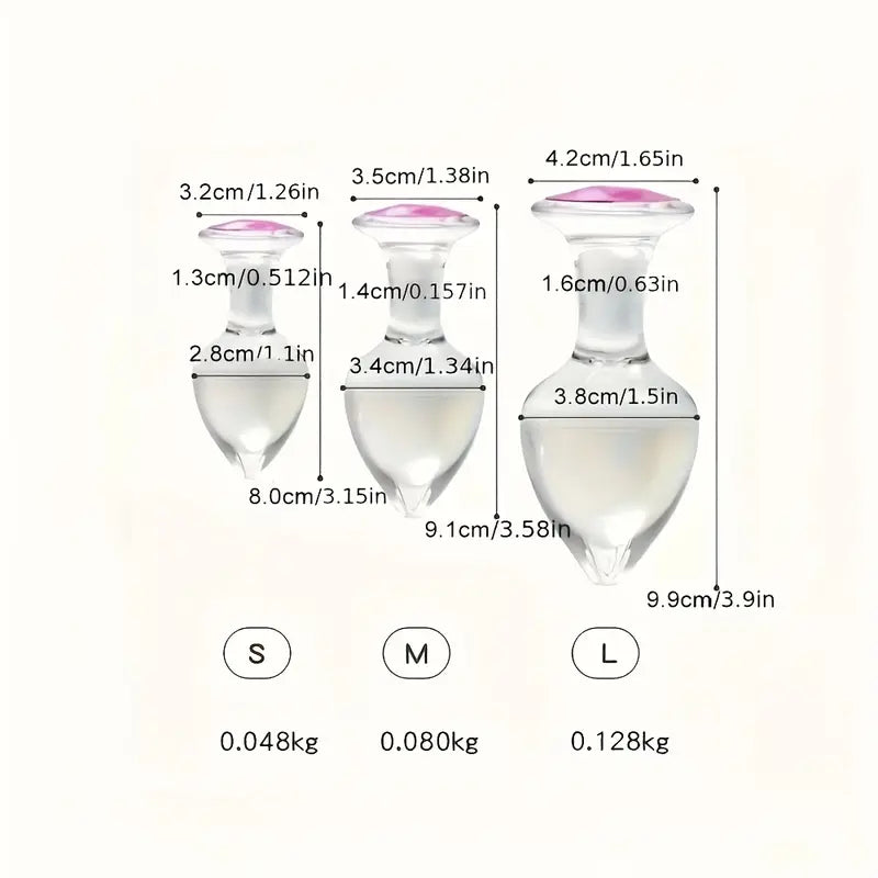 3 Sizes Transparent Glass Pink Head Anal Plug Set Solid Color Hand Wash