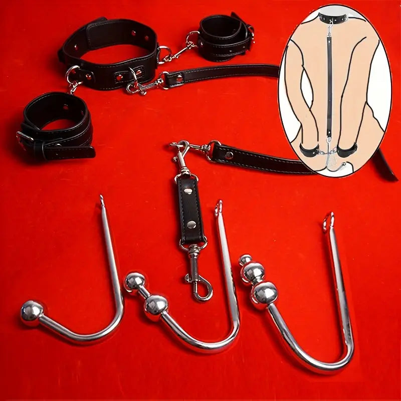 BDSM Anal Hook & Beads Set With Faux Leather Collar Handcuffs Butt Plug