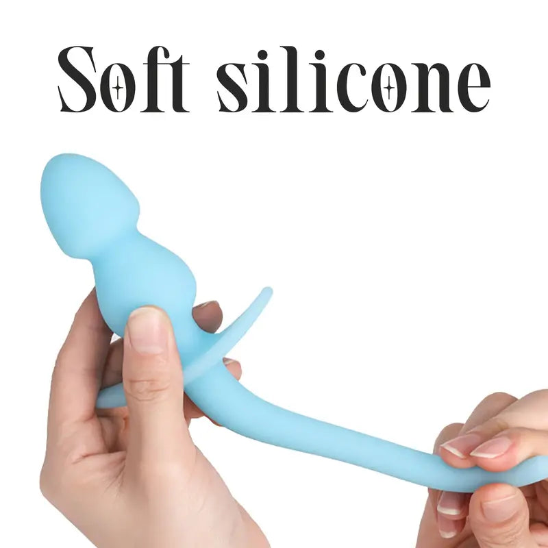 Soft Flexible Silicone Tail Anal Plug With Beads Blue Luminous Effect