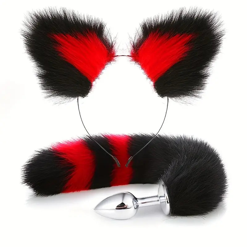 SM Metal Fox Tail Ear Set Animal Tail Butt Plug With Ear Set For BDSM