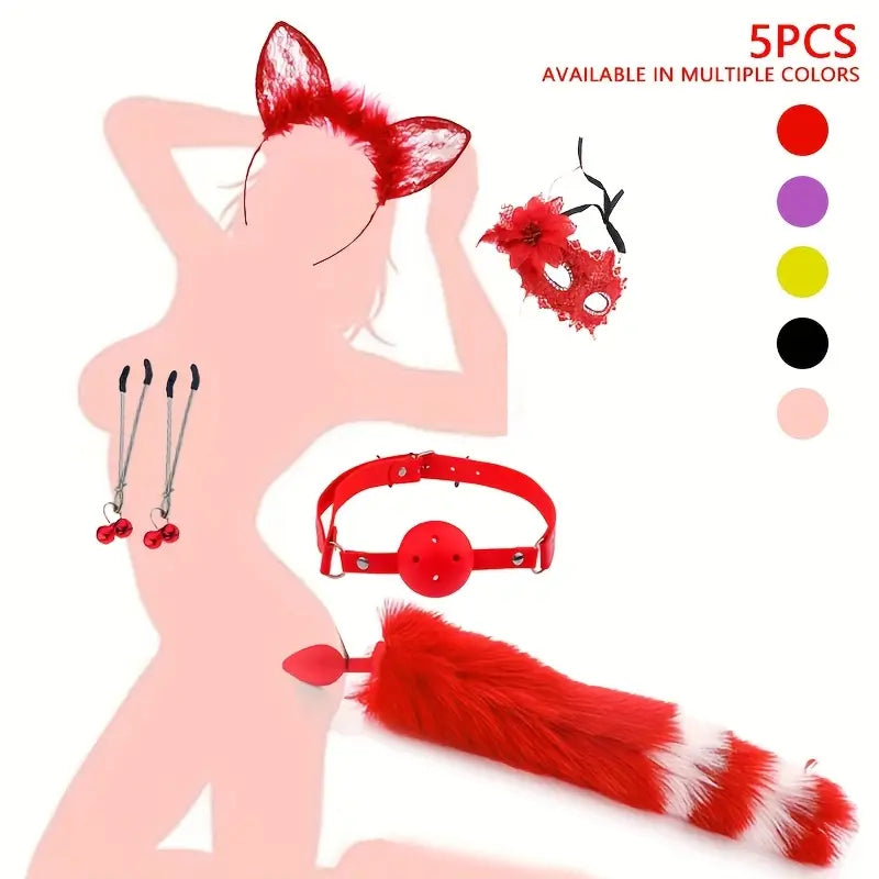5pcs Coupling Fox Tail Role Playing Anal Plug Mask Ears Hairpin Posterior