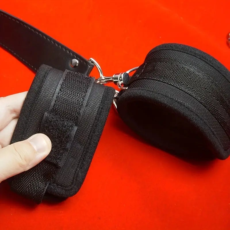 Leather Bondage Kit With Adjustable Collar Removable Handcuffs Anal Hook