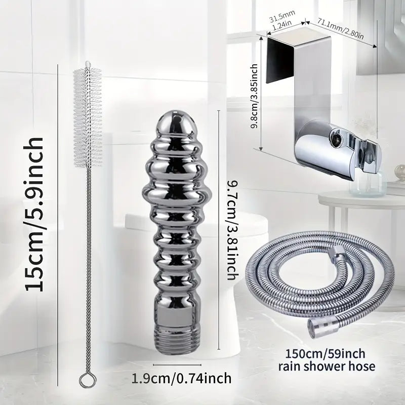 Female Shower Enema Tube Kit Aluminum Nozzle With Holder Cleaning Brush
