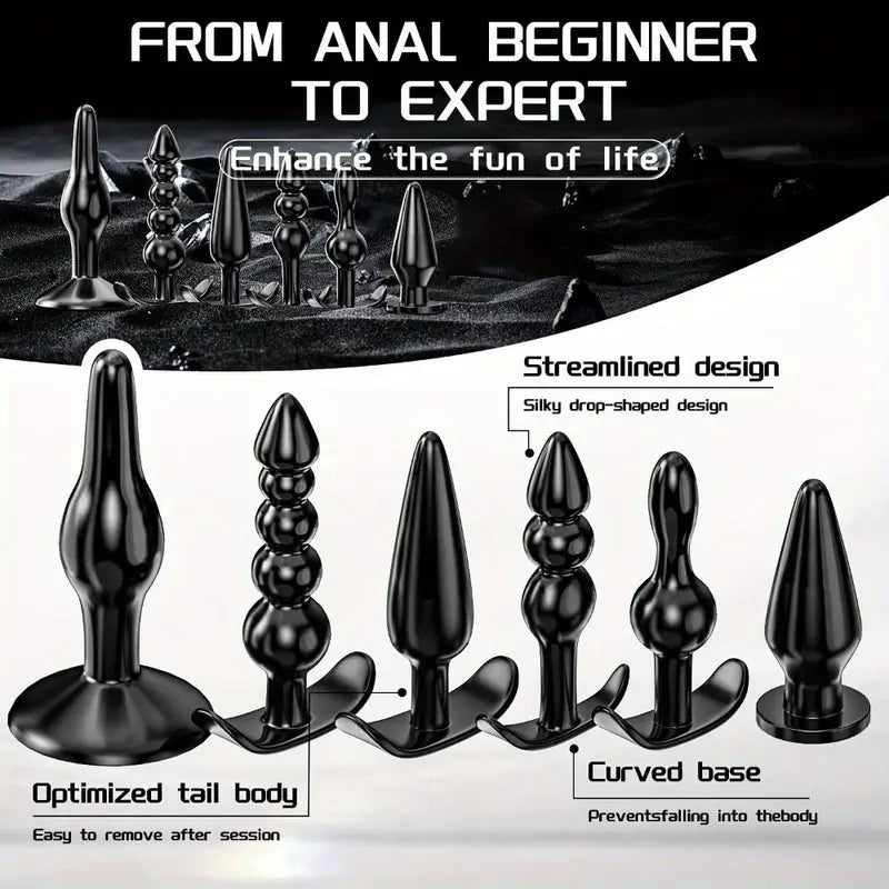 6pcs TPE Butt Beads Plug Set Silicone Anus Toys With Curved Base