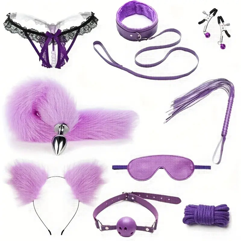 10-piece Sexy Purple Suit Imitation Fox Tail Anal Plug SM Sex Game Adult Toy