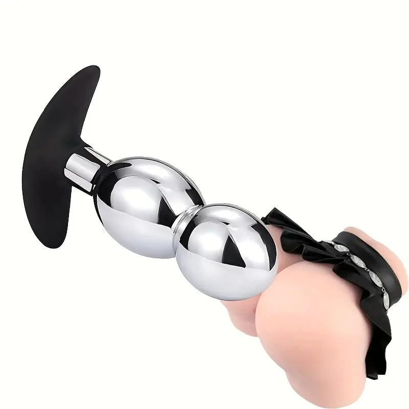 Aluminum Alloy Butt Plug Black Silicone Handle Double Beads Anal Plug