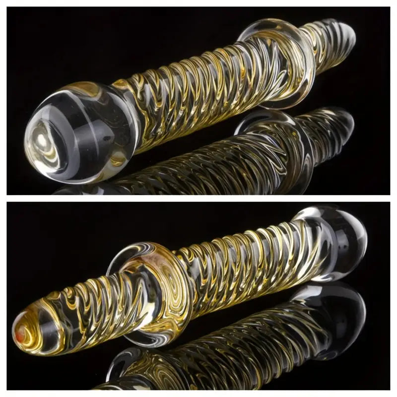 Golden Pattern Glass Dildo Handheld Anal Plug Sex Toy For Men