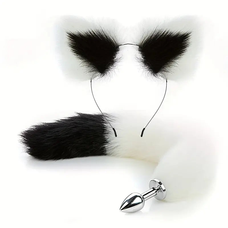 SM Metal Fox Tail Ear Set Animal Tail Butt Plug With Ear Set For BDSM