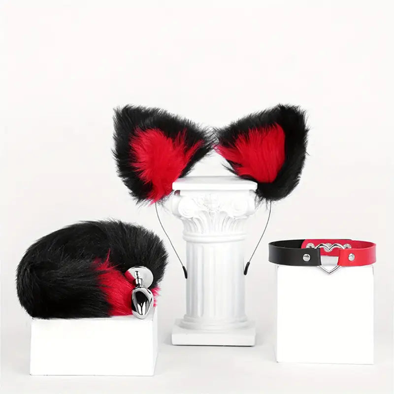 Cute Fox Tail Plug Tail With Small Butt Plug Cat Ears Collar Metal Anal Toy
