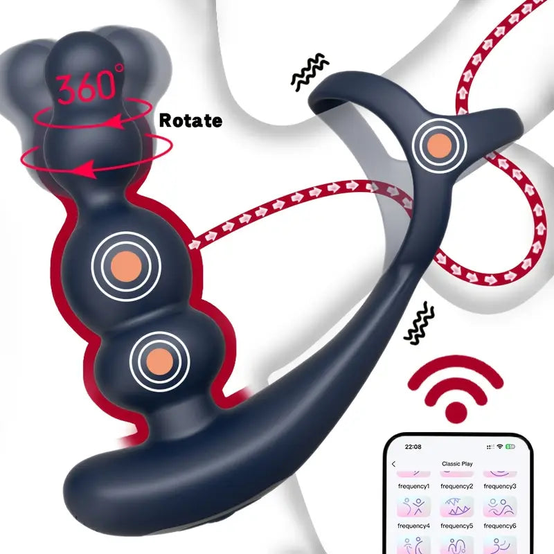 Double Motor Male Prostate Massager Vibrator 360° Rotate Ring Butt Plug