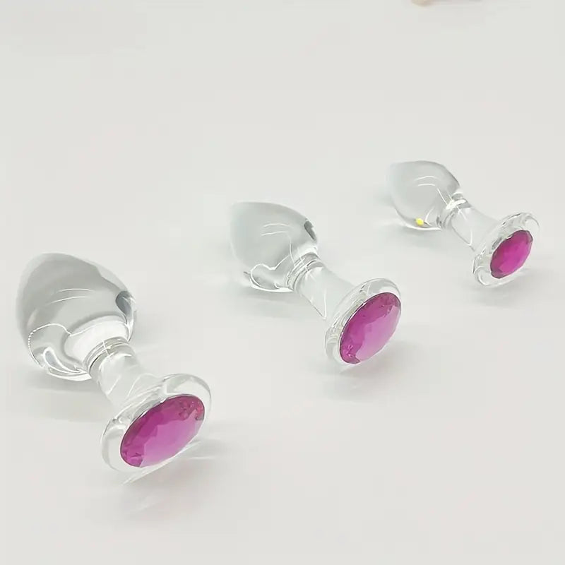 3 Sizes Transparent Glass Pink Head Anal Plug Set Solid Color Hand Wash