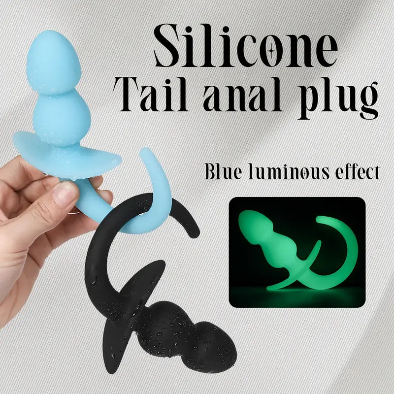 Soft Flexible Silicone Tail Anal Plug With Beads Blue Luminous Effect