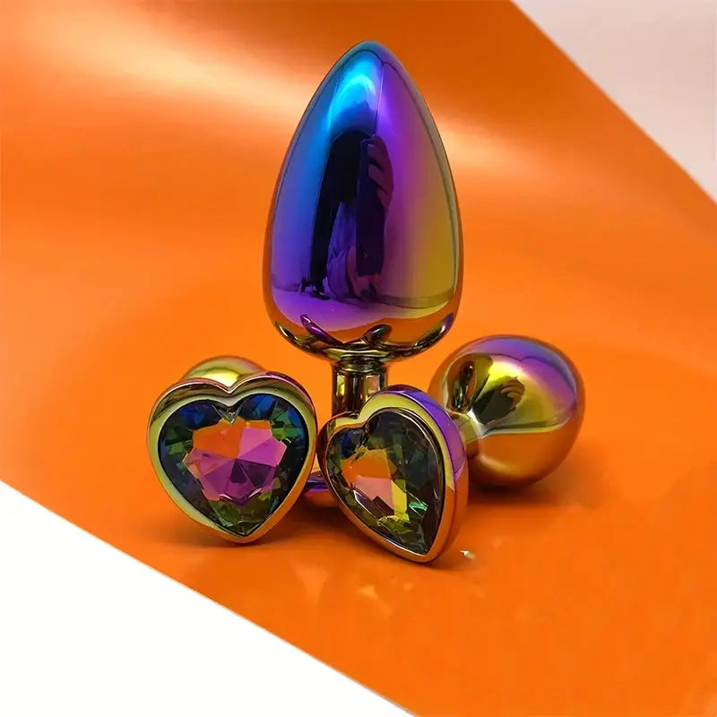 Colorful Medium-Sized Metal Butt Plug Heart-Shaped Rainbow Anal Trainer