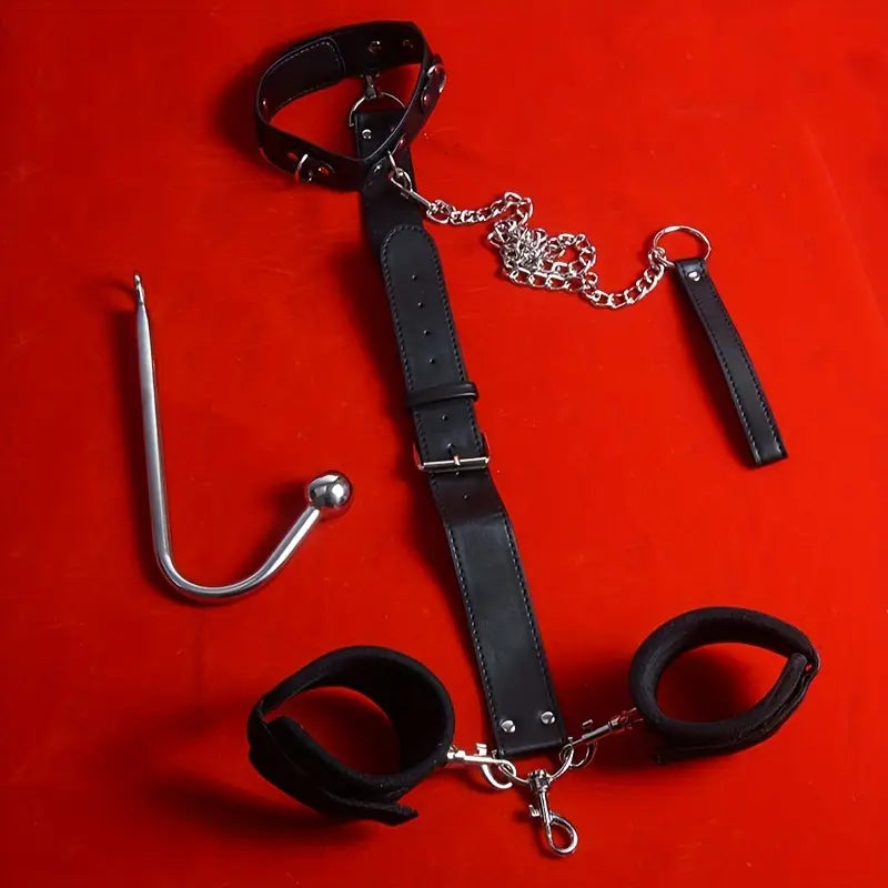 Leather Bondage Kit With Adjustable Collar Removable Handcuffs Anal Hook