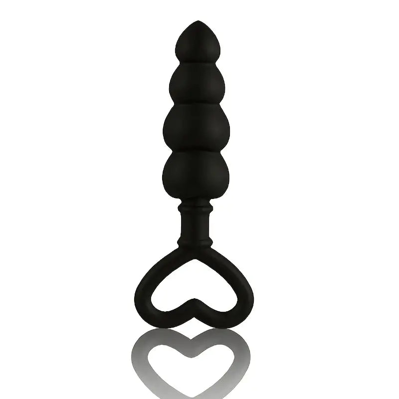 Black Silicone Anal Plug with Heart-Shaped Pull Ring Bullet Pleasure Toy
