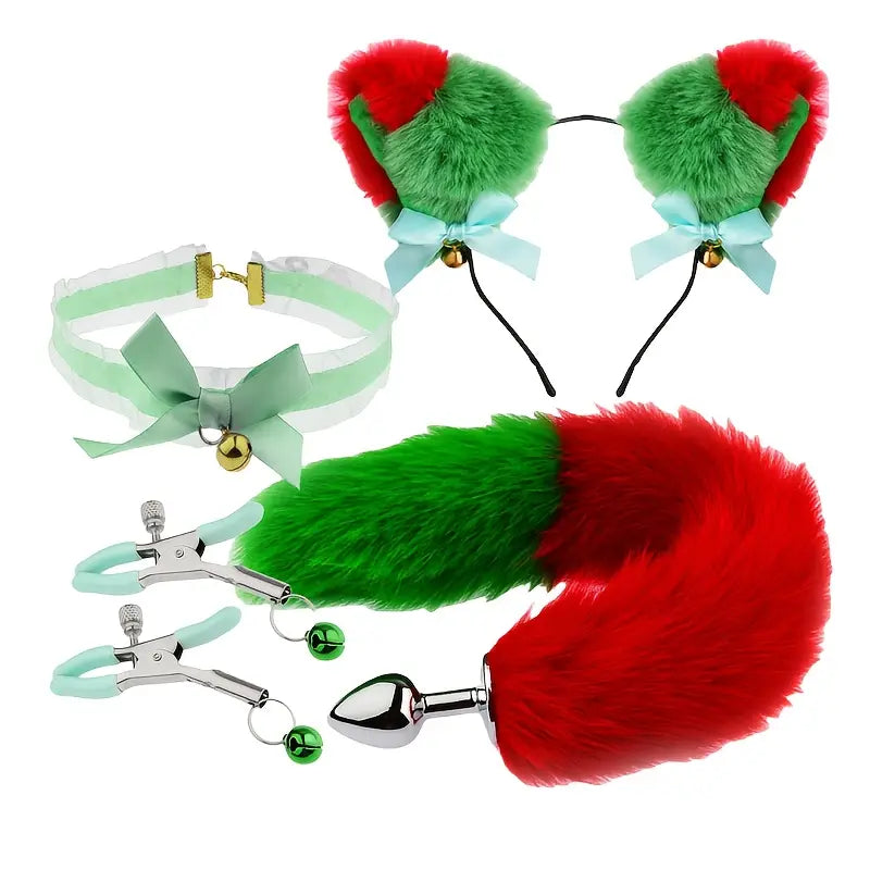 Christmas Style SM Roleplay Set Red Green Furry Ears Tai Anal Plug