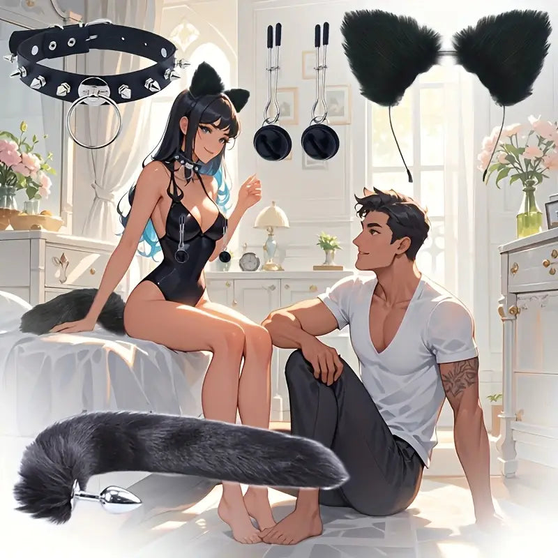 5/3/2pcs Fox Tail Butt Plug With Ear Headband Metal Butt Plug Role Play
