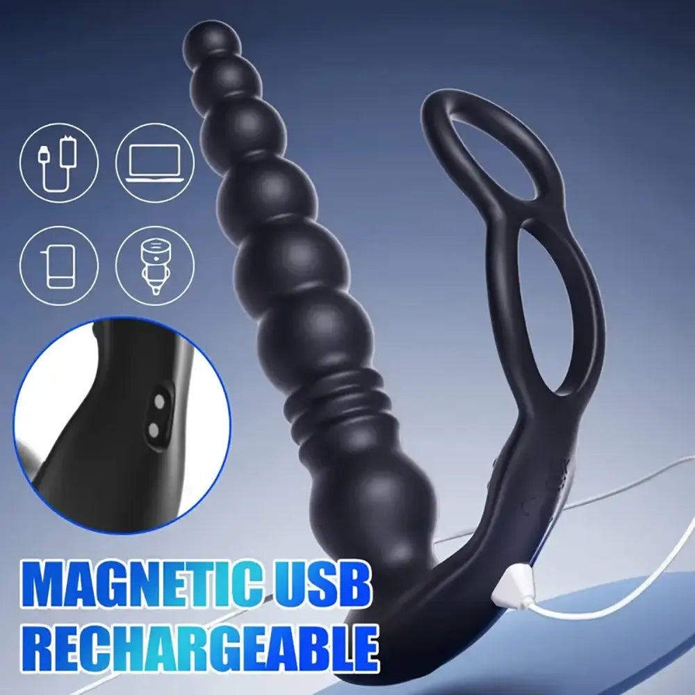 Vibrating Thrusting Anal Beads Butt Plug With Double Penis Rings