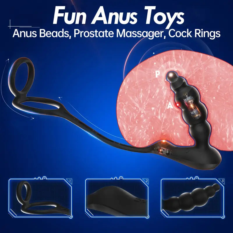 Dual Cock Ring 5 Graduated Anal Bead Vibrating Butt Plug For Men Couple