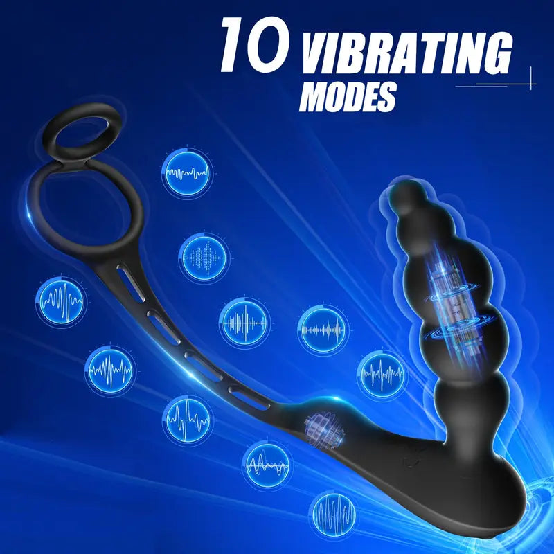 Dual Cock Ring 5 Graduated Anal Bead Vibrating Butt Plug For Men Couple