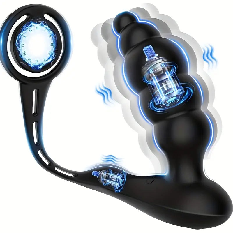 Dual Cock Ring 5 Graduated Anal Bead Vibrating Butt Plug For Men Couple