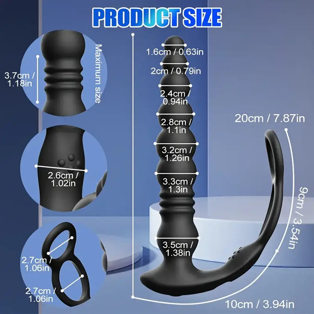 Vibrating Thrusting Anal Beads Butt Plug With Double Penis Rings