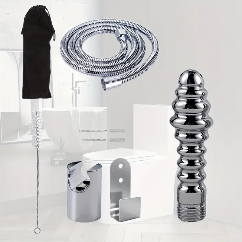 Female Shower Enema Tube Kit Aluminum Nozzle With Holder Cleaning Brush
