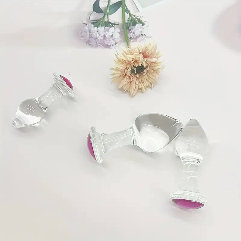 3 Sizes Transparent Glass Pink Head Anal Plug Set Solid Color Hand Wash